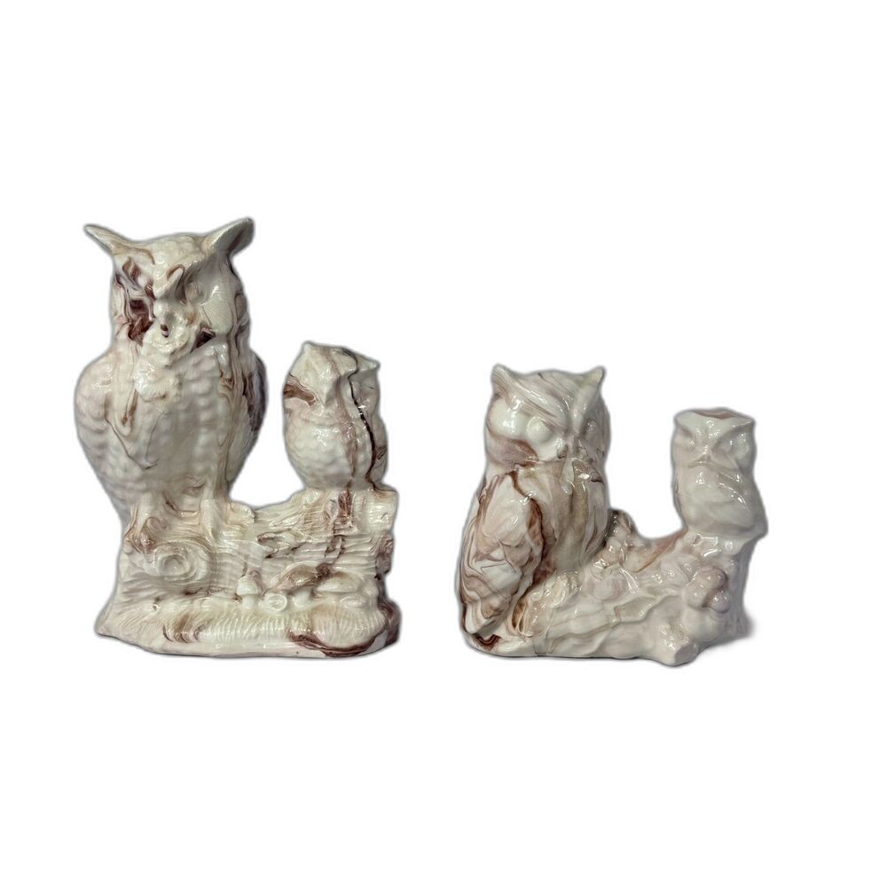 Pair of Vtg Owl Baby Ceramic Kansas Souvenir Figurines Swirl Mod Signed Woodland